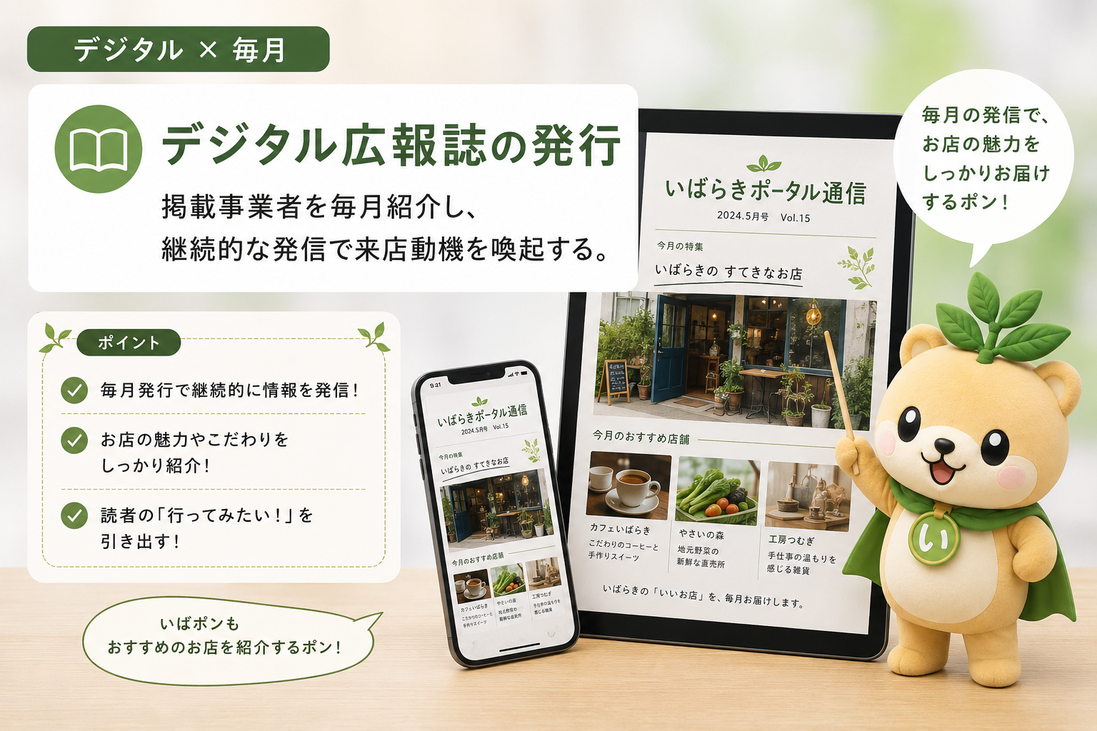 デジタル×毎月 — デジタル広報誌の発行。掲載事業者を毎月紹介し、継続的な発信で来店動機を喚起