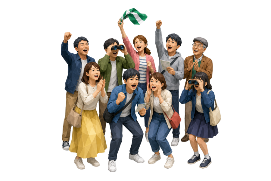 レースを支え、喜ぶサポーターたちのイラスト
