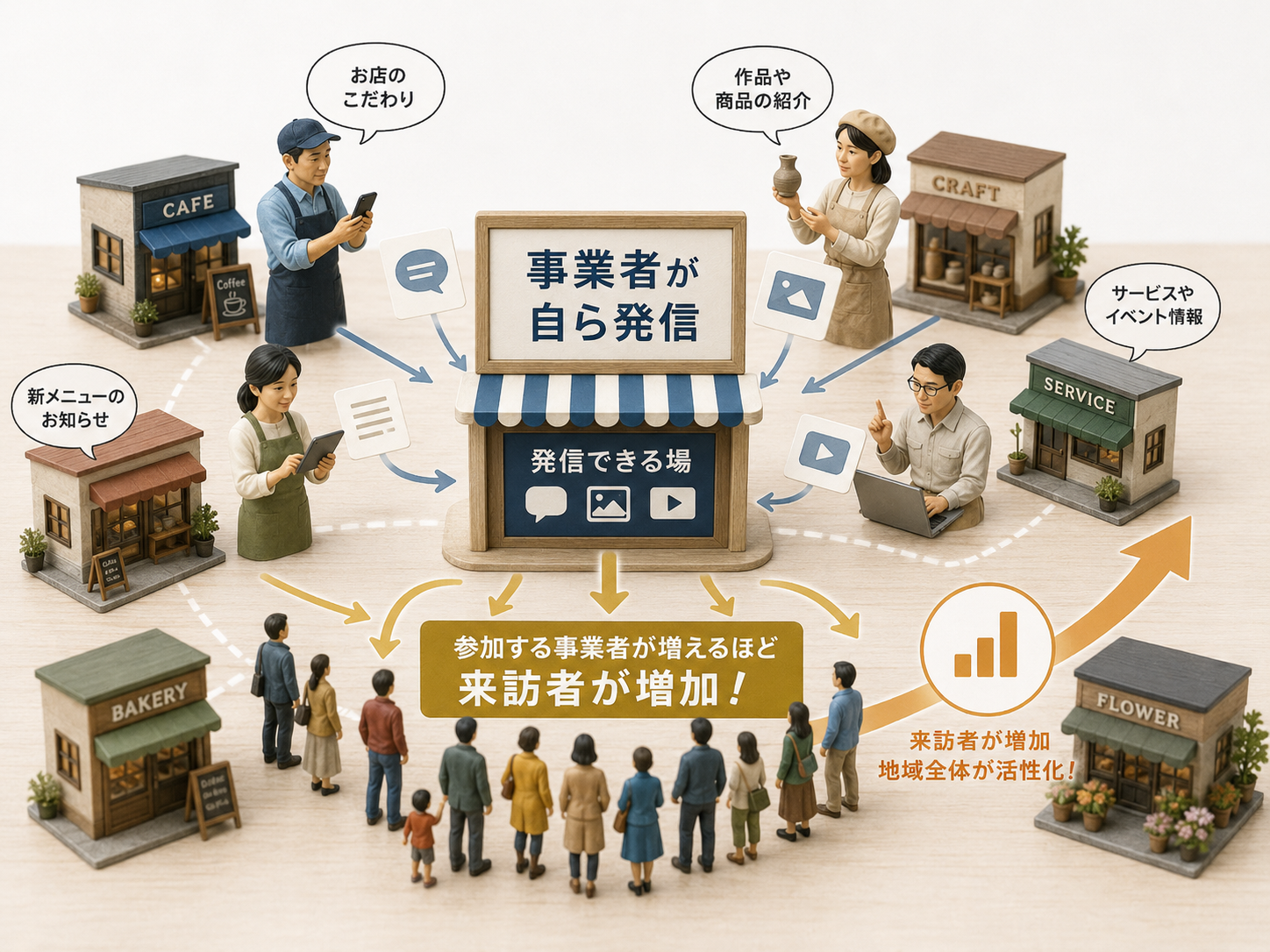参加する事業者が増えるほど来訪者が増え、地域全体が活性化する様子